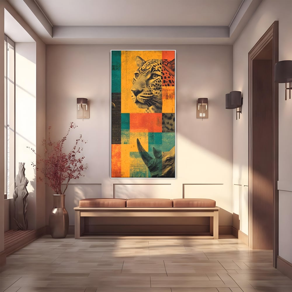 Tablou canvas cu tablou vertical cu leopard si rinocer, in rama de aluminiu argintiu